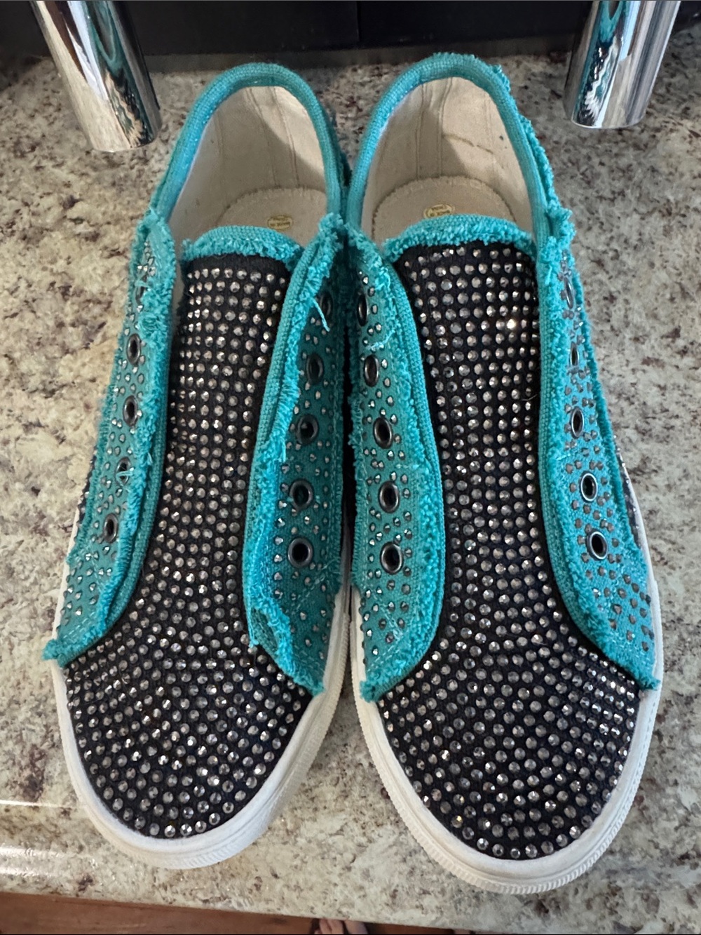 Montana West Teal and Black Crystal-Embellished Slip-Ons